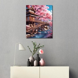 TISHIRON Paint by Numbers for Adults Cherry Adult Paint by Number Blossom Acrylic Paint Kits for Adults DIY Adult Paint by Number Kits on Canvas Lake Scenery Art Crafts for Home 16"x20"(Frameless)