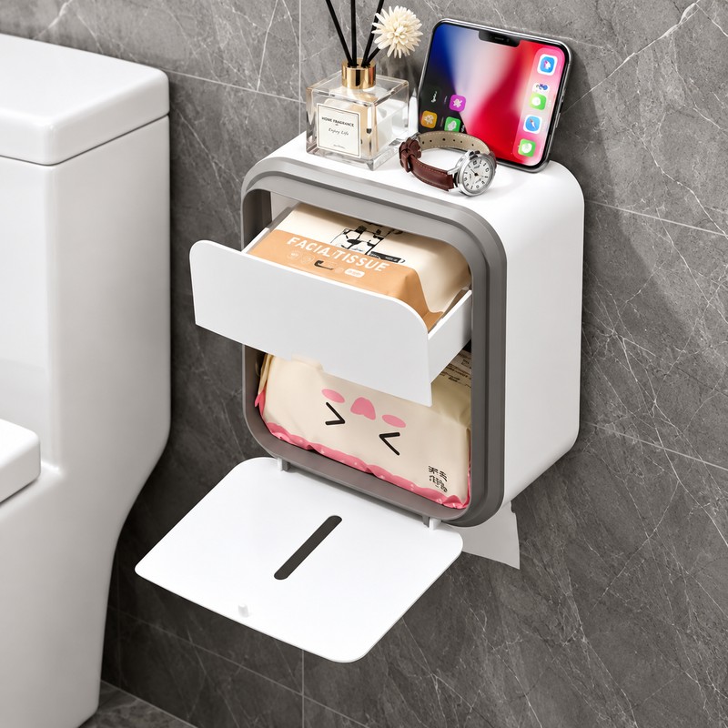 Gray Toilet Paper Holder for Bathroom Storage – No-Drill Wall-Mounted