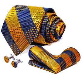 Kerfado 5PCS Gold and Blue Plaid Tie and Pocket Square Set for Men, Silk Tie and Handkerchief Cufflinks with Tie Ring and Lapel Pin Set