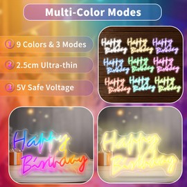 Rnovebodr Happy Birthday Neon Lights [9 Colors RGB] - 18.5" x14.2'' Dimmable Light Up Sign for Birthday Party Decorations, Wall Decor with USB Power