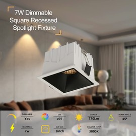 Aisilan Square Recessed Lighting, Dimmable 7W 3-inch Canless Ceiling Spotlight with Honeycomb Mesh, LED Indoor Downlight, Black Baffle, Anti-Glare, Warm White, CREE COB CRI 97 for Living Room Corridor