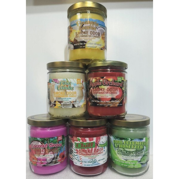 Smoke Odor Exterminator 13oz Jar Candle, Pineapple & Coconut 6 Pack. Includes Pineapple & Coconut, Pina Colada, Chill, Coconut Grove, Cool Cucumber & Honey Dew & Apple Orchard.