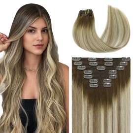 Youngsmile Clip in Hair Extensions Real Natural Invisible Straight Remy Human Hair for Woman Balayage Brown Fading to Ash Brown Highlight with Medium Blonde 16inch 140g 7Pcs(7PC#3822-16)