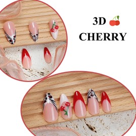 MERVF Almond Press on Nails Medium Fake Nails Red White French Tip Glue on Nails Leopard Print Stiletto Acrylic Cute False Nails with Cherry Design Press ons Glossy 24pcs