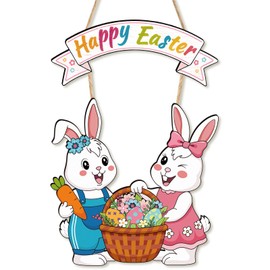 Easter Wreath Decorations for Front Door, Wooden Happy Easter Bunny Door Hanger Welcome Sign with Hemp Rope for Spring Home Farmhouse Party Porch Window Wall Decor Indoor Outdoor