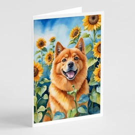 Caroline's Treasures Finnish Spitz in Sunflowers Greeting Cards Pack of 8 Blank Cards with Envelopes Whimsical A7 Size 5x7 Blank Note Cards