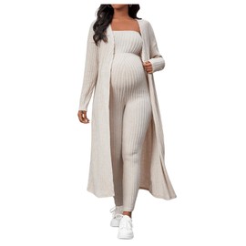 BEAUDRM Women's Maternity Ribbed 2 Piece Outfit Strapless Skinny Leg Jumpsuit and Long Sleeve Cardigan Set Khaki X-Large