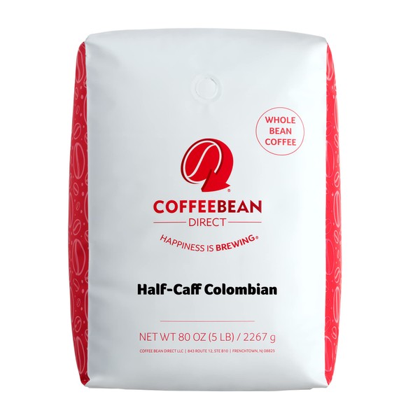 Coffee Bean Direct Half-Caff Colombian, Whole Bean Coffee, 5 Pound Bag