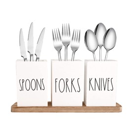 CHONIC Farmhouse Silverware Holder, Rustic Wood Silverware Caddy with Tray, Spoon Fork Knives Flatware Dispenser, Utensil Countertop Organizer, Plastic Cutlery Holder for Kitchen Party (White)