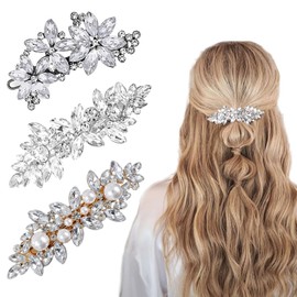 YUBBYSTU 3 Pcs Rhinestone Hair Clips, Pearl Hair Clip Flower Hair Barrettes Leaf Bridal Pins Crystal Decorative Headwear Accessories with Spring Clips for Women Girls Bridesmaid