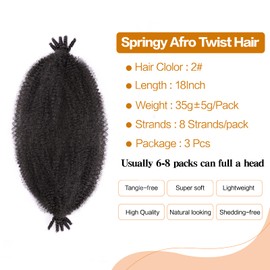 Marley Twist Braiding Hair 3 Packs Springy Afro Twist Hair 18 Inch Kinky Twist Hair Synthetic Spring Twist Crochet Wrapping Hair for Marley Hair Extensions (18 Inch,3Pack,2#)