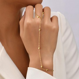 Nelytiya Gold Hand Chain Bracelet for Women Dainty,14K Gold Plated Ring Bracelet Hand Chain Stack Trendy,Adjustable Cubic Zirconia Bead Tube Bracelet and Ring Chain Jewelry Gifts for Women