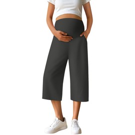 Huukeay Women's Cotton Linen Maternity Capris Pants, Lounge Pregnancy Cropped Pants Wide Leg Over The Belly Pockets Trouser(Dark Gray,Large)