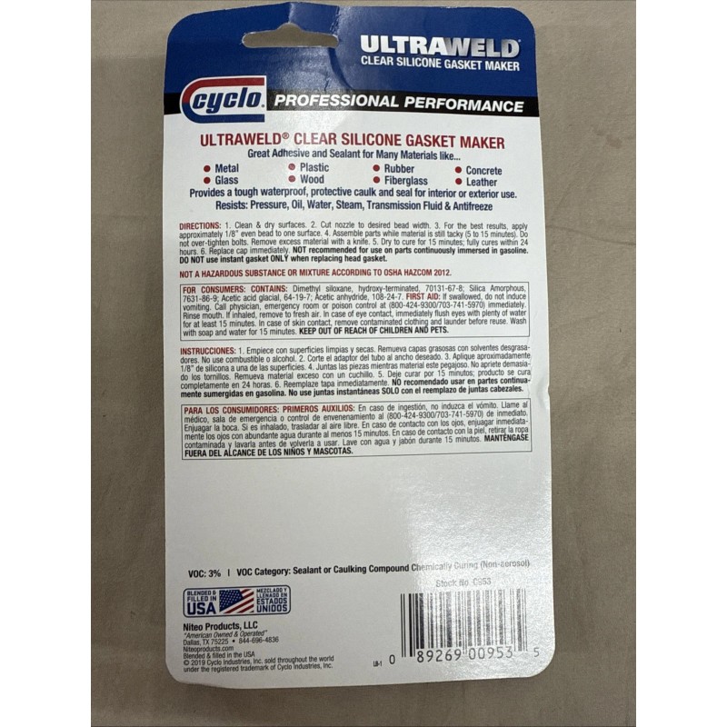 Cyclo Ultraweld Clear Silicone Gasket Maker C953 3oz Tube