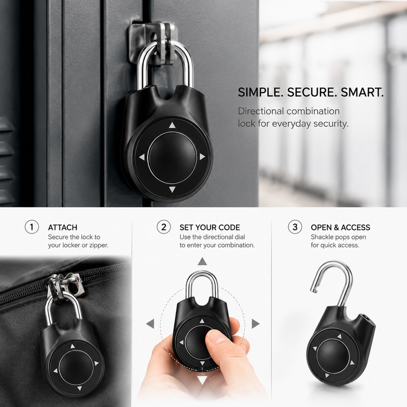 Directional Combination Padlock for Lockers – Resettable Keyless Metal Lock