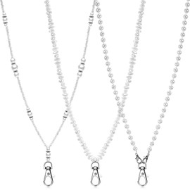 Chivertion 3 Pcs Chain Lanyard Pearl Lanyards for ID Badges for Women and Men Badge Lanyards for Women and Men Beaded Lanyards for Keys Cruise Ship Cards Nurse Office Worker Teacher, White