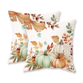 ONWAY Fall Pumpkins Pillow Covers 18x18 Inch Set of 2 Farmhouse Leaves Autumn Thanksgiving Decor Lumbar Cushion Cases for Couch Home Decorations Green