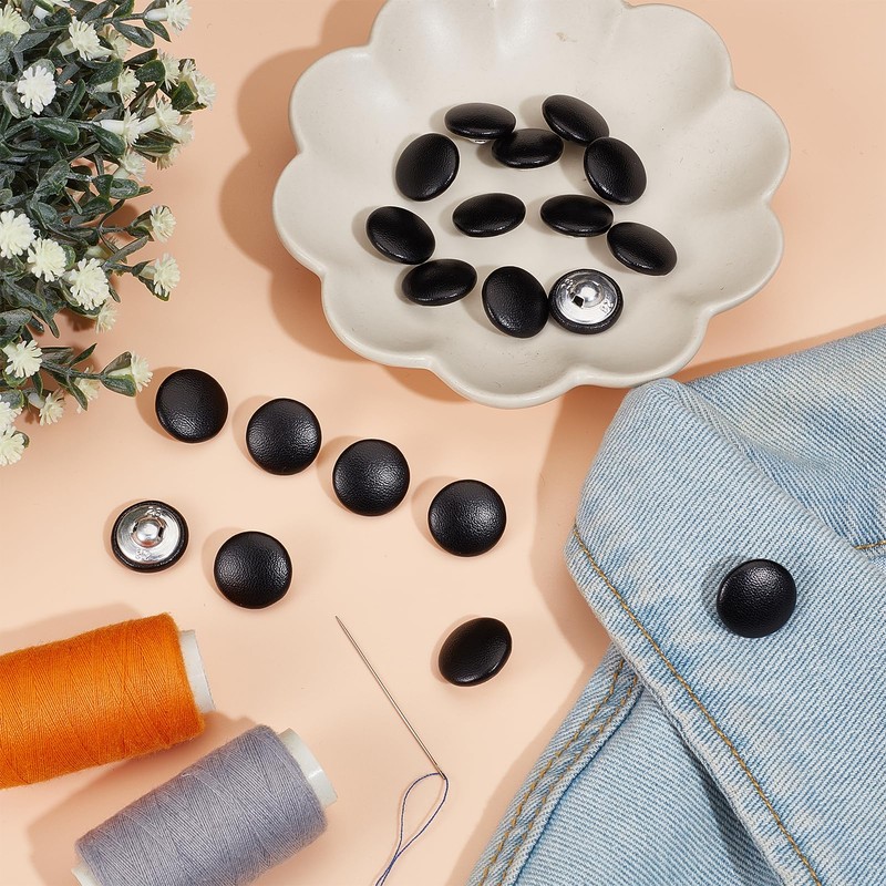 letsinstyle 20 PCS 18mm Faux Leather Covered Buttons, Black Round