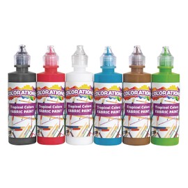 Colorations® Fabric Paint Set, 4oz Bottles, 6 Tropical Colors, Fabric Paint is Permanent & Remains On The Fabric, Creamy & Easy to Apply to Cotton, Cotton blends, Polyester, Canvas & more,No Cracking!