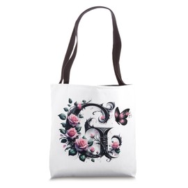 Letter G Initial Floral Monogram Rose Pink Flower Butterfly Tote Bag
