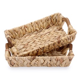 BSTKEY Set of 2 Water Hyacinth Storage Baskets Organizer, Natural Wicker Basket Holder with Wooden Handles, Rectangle Hand Woven Storage Basket (30x20CM)