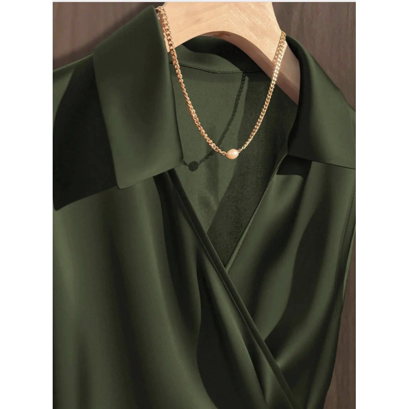Women's Satin Wrap Blouse Dark Green Collared Sleeveless Tie Waist