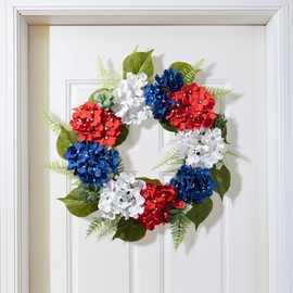 Glitzhome Patriotic Wreath for Front Door Decor, Red White and Blue Door Wreath, Patriotic American Wreath Memorial Day Wreath Indoor Outdoor 4th of July Independence Day Hydrangea Wreath Wall Decor