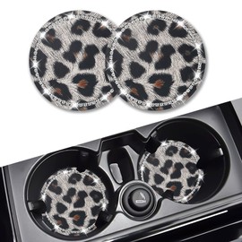 Car Coasters for Cup Holders, Senose Bling Car Accessories for Women, Cute Diamond Vehicle Interior Decor, 2.75" Universal Silicone Drink Coasters for Car (White Leopard/2 Pack)