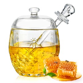 kanpura Honey Pot with Dipper and Lid Glass Honey Jar with Dipper Wide Mouth Honey Containers Airtight Syrup Honey Dispenser for Home Kitchen(7.5 OZ)