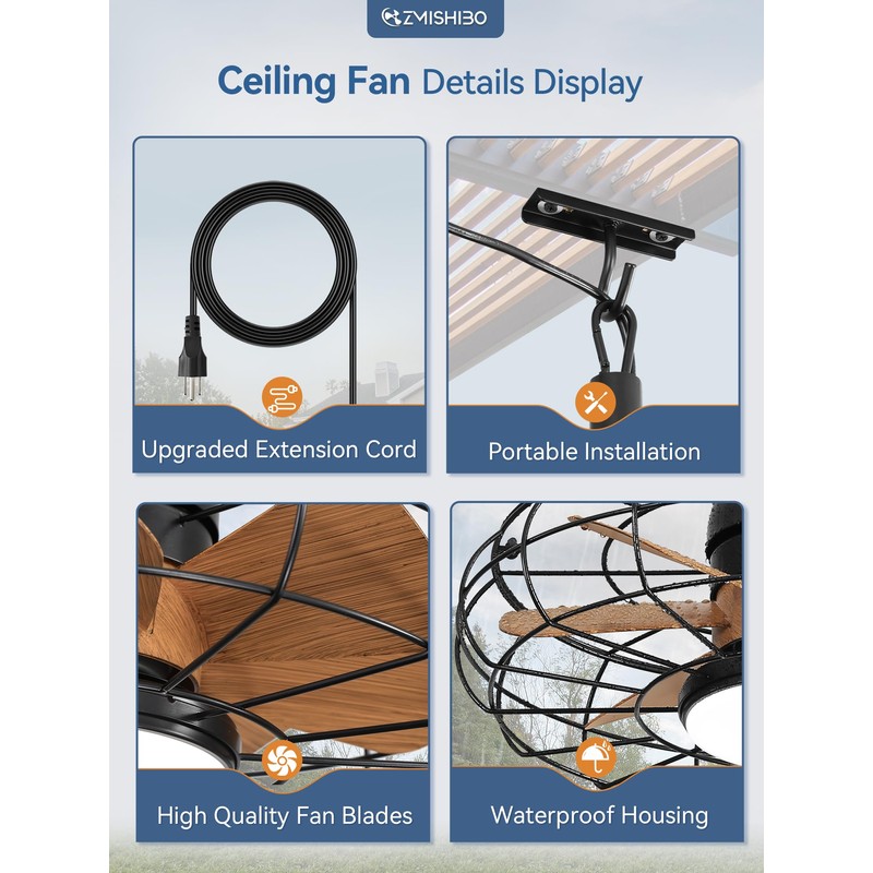 ZMISHIBO Outdoor Ceiling Fans with Lights for Patios, Plug in