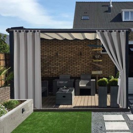 LORDTEX Waterproof Indoor/Outdoor Curtains for Patio - Thermal Insulated, Sun Blocking Detachable Sticky Tab Top Blackout Curtains for Bedroom, Porch, Pergola, 52 x 84 inch, 2 Panels, Veridian Grey