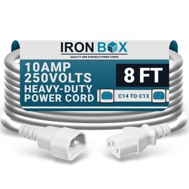 IronBox Electric C14 to C13 Power Cord - 10A/250V, 18/3 AWG SJT - UL Listed IEC Cable & Jumper Cords - Heavy Duty Power Extension Cord for Desktop Computer, Monitor, Projector, PDU & More (8ft, White)