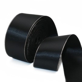 David accessories Satin Ribbon with Silver Edges 1.5 Inch Wide 20 Yards, Gold Border Fabric Ribbons for Gift Wrapping DIY Crafts Christmas Decor Wreath Bows Invitations (Black)