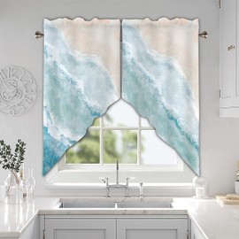 AYTTBIS Coastal Beach Swag Curtain Valance for Windows,Sand Wave Blue Teal Window Treatments Short Swag Topper for Kitchen Windows Bathroom Bedroom,28 x 36 Inch