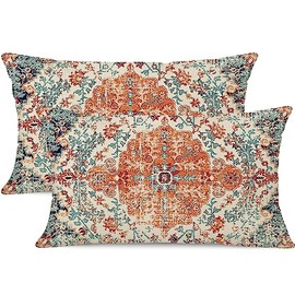 Gujiahone Outdoor Waterproof Pillow Covers 12X20 Inch Set of 2 Bohemian Vintage Carpet Pattern Pillow Covers Orange Blue Ethnic Design Decorative Farmhouse Pillow Covers for Couch Garden Balcony