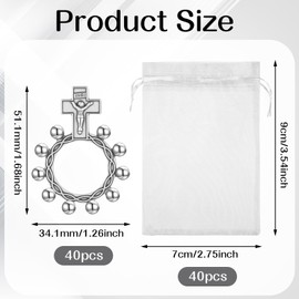 40 Set Finger Rosary Rings Bulk Silver Metal Rosary Rings Pocket Finger Rosaries Small Pocket Cross Prayer Catholic Rin-gs with Organza Bags for Baptism Favors Baby Shower Quinceanera Funeral