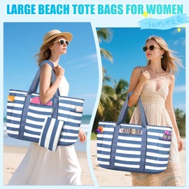 TEUEN Extra Large Beach Bags for Women, Waterproof Sandproof Beach Tote Bag Foldable Swim Pool Bag with Zipper and Wet Pocket
