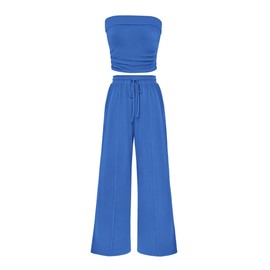 PRETTYGARDEN Womens Summer Outfits 2 Piece Sets Casual Ribbed Knit Crop Tube Top Wide Leg Pants Spring Matching Lounge Set(Blue,Medium)