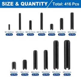 sourcing map 416Pcs Roll Pin Assortment Set 65Mn Steel Slotted Spring Pins Split Expansion Pins for Home Improvement Automotive Machine Repair, Black