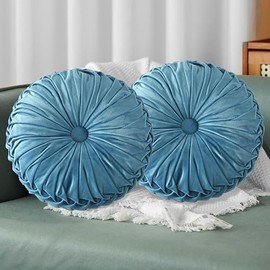 Hig Juego Almohadas Decorativas Redondas Plisadas Terciopelo Azul Polvoriento
