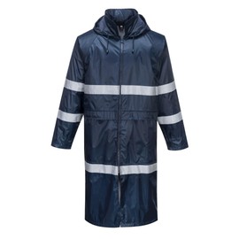 Portwest F438 Men's Waterproof Raincoat - Reflective Long Rain Jacket with Hood and Pockets Navy, Medium