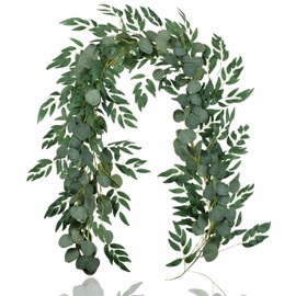 Falflor 2Pcs Greenery Garland 6.5Ft Artificial Eucalyptus Garland and 6.5Ft Willow Leaves Garland Table Runner Vine Garland for Wedding Home Decor(2Pcs)