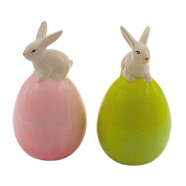 2er Set Moderne Dekohasen, Osterhasen, Osterdeko Hasenpaar, Ostereier glänzend aus Keramik in rosa und grün, Lieferumfang: 2 Dekoeier, Maße eines Hasen auf Osterei: L/B/H 9 x 9 x 16 cm.