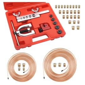 25Ft 1/4" and 3/16 Brake Line Kit Includes 32 Inverted Flare Brake Line Fittings,8 Unions and Double & Single Brake Line Flaring Tool Kit,Copper Coated Brake Line Repair Kit