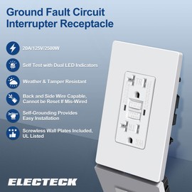 ELECTECK 5 Pack GFCI Outlets 20 Amp, Outdoor Weather Proof (WR), Self-Test GFI Receptacles with LED Indicator, Ground Fault Circuit Interrupter, Screwless Wallplate Included, UL Listed, White