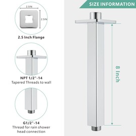 Voolan Shower Arm with Flange, Ceiling Mounted Fixed Shower Pipe, Bathroom Straight Rain Shower Replacement Arm, Universal Connection 1/2 NPT (8 Inch Square, Chrome)