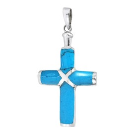 AeraVida Christian Cross Simulated Blue Turquoise Inlay .925 Sterling Silver Pendant