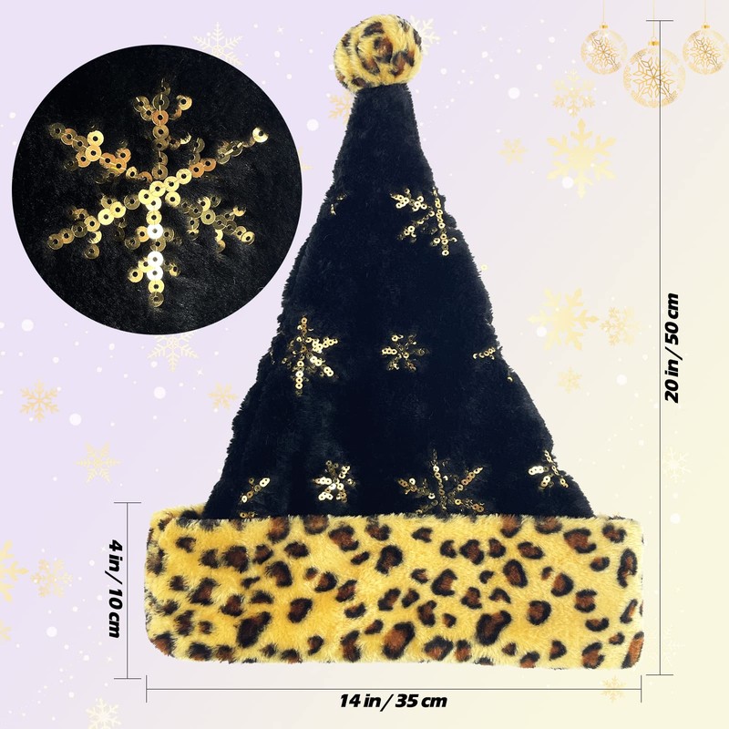 Hikkcos Black Santa Hat Christmas Leopard Santa Hat Furry Velvet