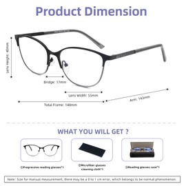 FEIVSN Cat Eye Progressive Multifocus Reading Glasses for Women No Line Multifocal Readers Metal Frame with Hard Case (Workspace For Near Range,Black + Silver, +1.75)