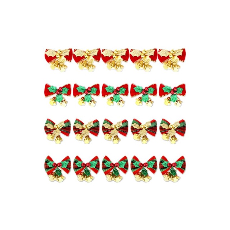 Moños Navideños Mini con Cascabeles 20 Piezas, 4 Estilos Tela
